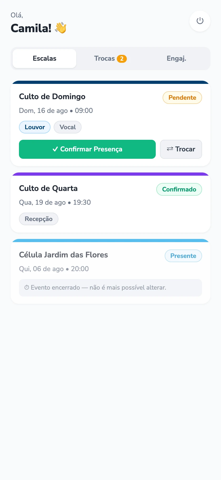 Portal do Voluntário no celular, com a escala e o botão de confirmação