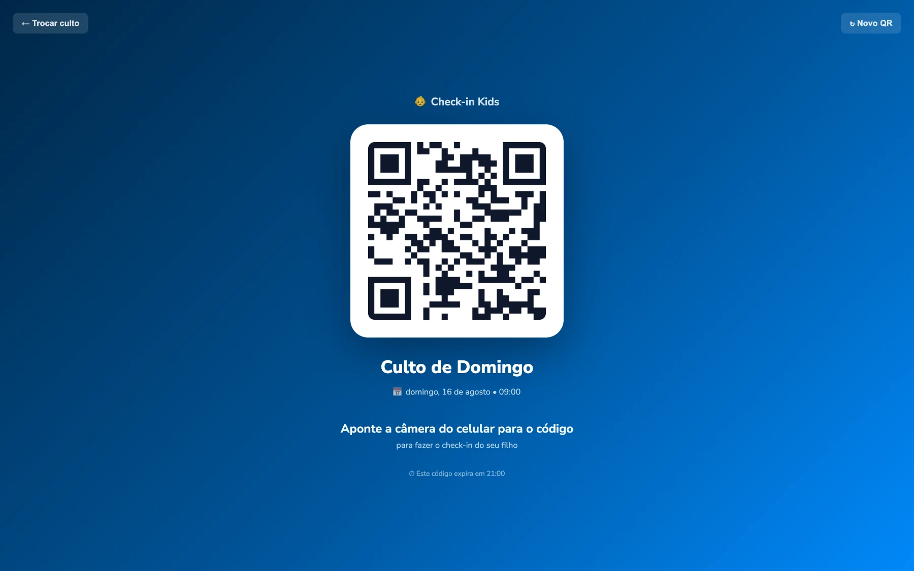 Totem de check-in Kids em tela cheia, exibindo o QR Code