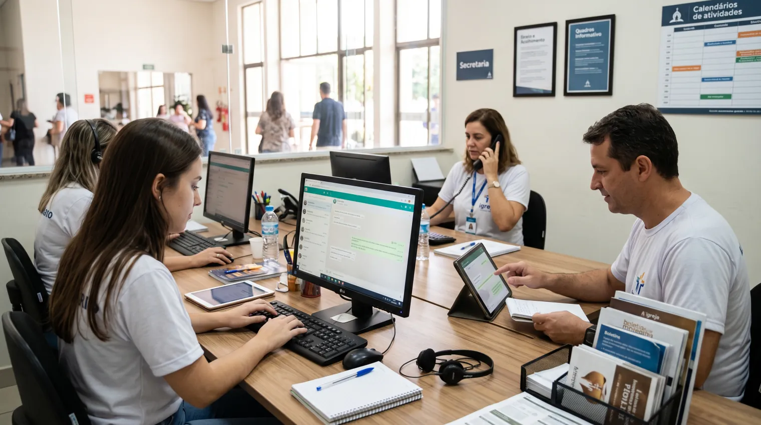 Equipe da secretaria da igreja atende pelo computador, tablet e telefone, com o quadro de atividades na parede e pessoas circulando no saguão ao fundo