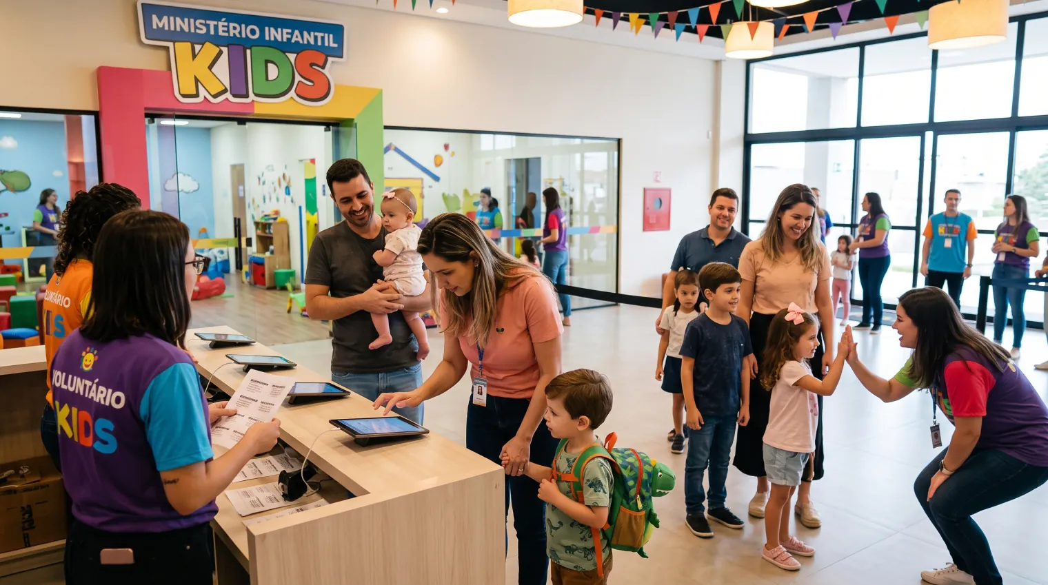 Recepção do Ministério Infantil Kids com voluntárias de camiseta roxa atendendo pais que fazem check-in em tablets, enquanto crianças chegam com mochilas