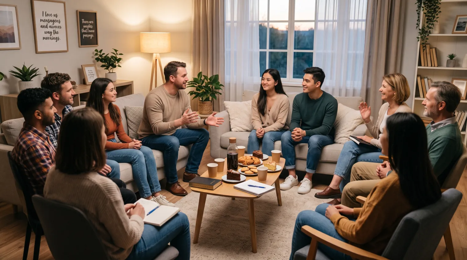 Pequeno grupo conversa em círculo numa sala de estar aconchegante, com café e lanches sobre a mesa de centro