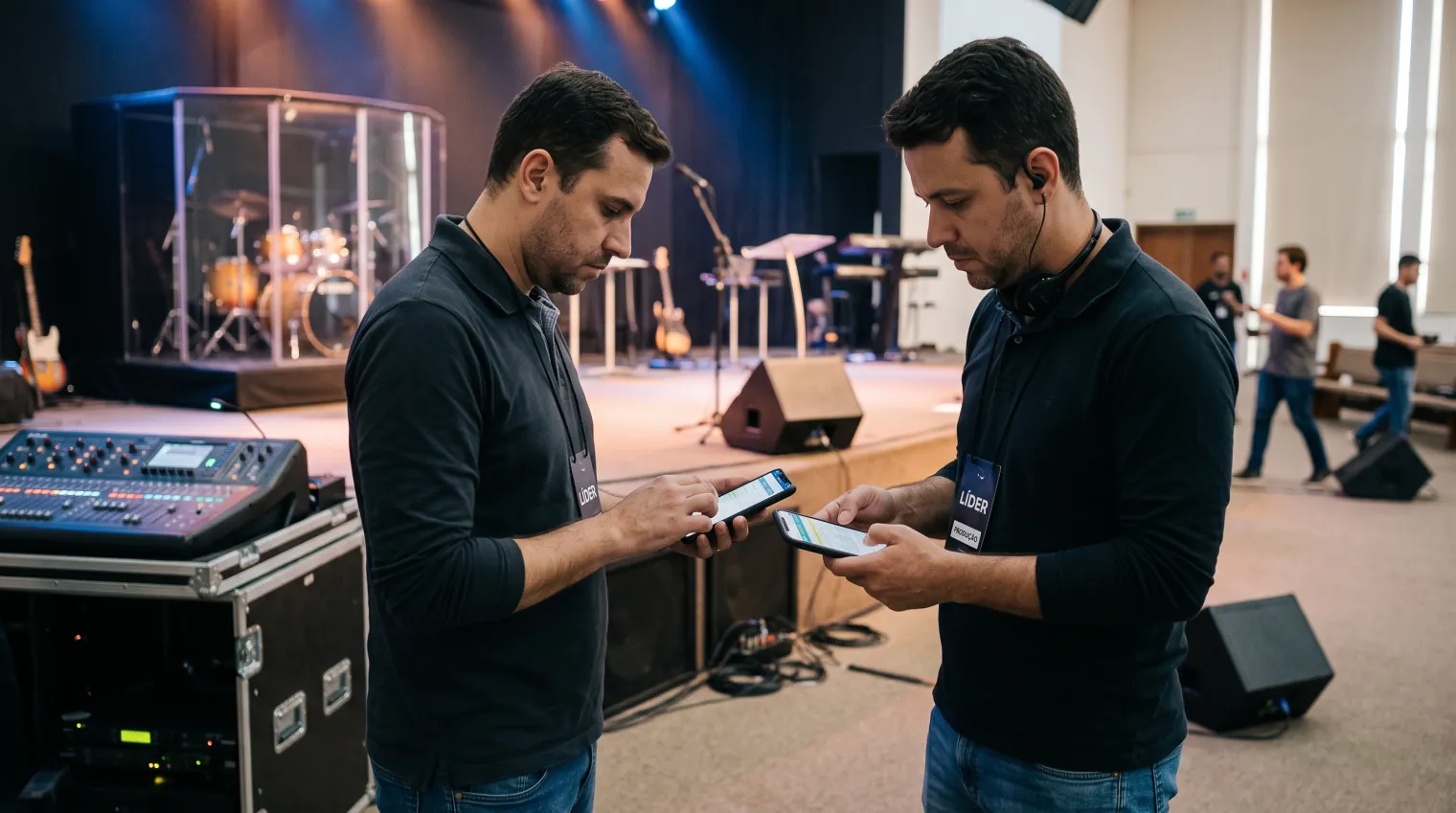 Dois líderes consultam o celular ao lado da mesa de som, com o palco e os instrumentos da igreja ao fundo