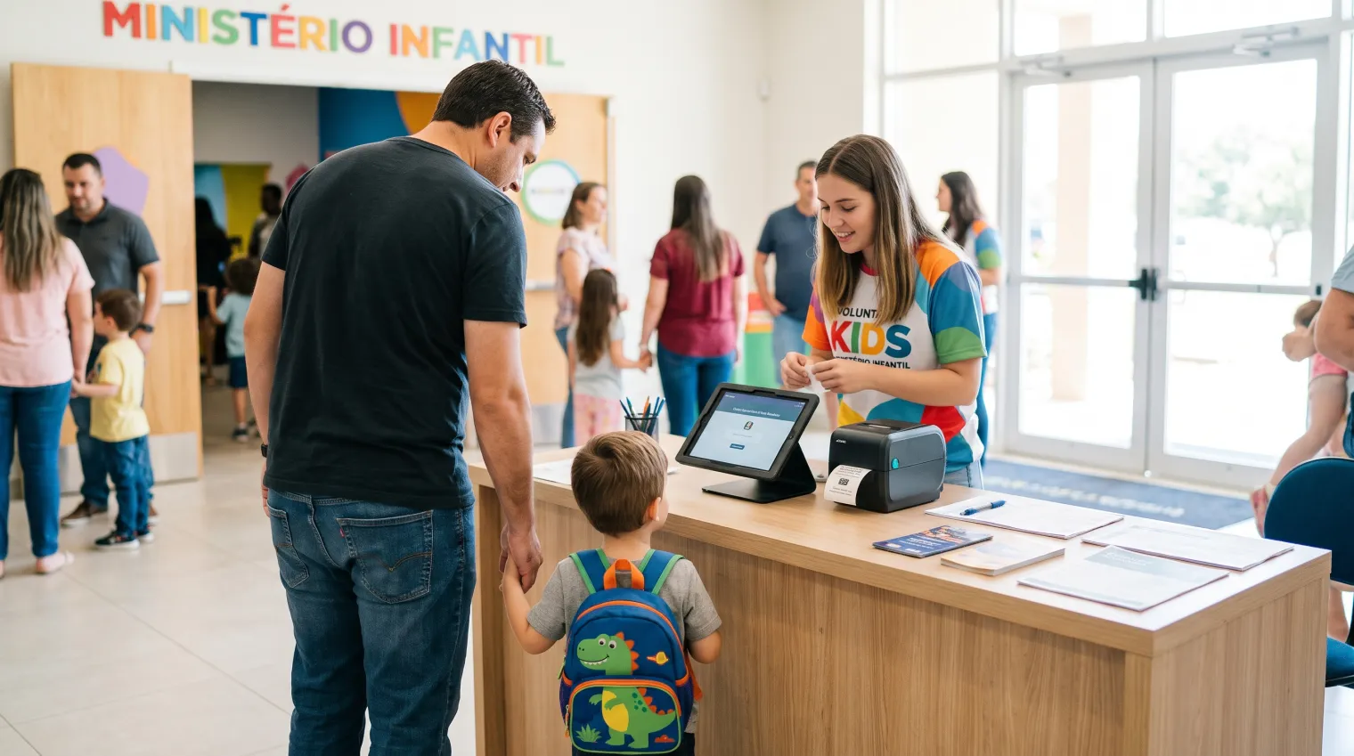 Pai segurando a mão do filho pequeno ao chegar no balcão de check-in do Ministério Infantil equipado com tablet e impressora térmica de etiquetas